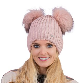 Damenmütze mit Umschlag, 2 Pompons Felloptik