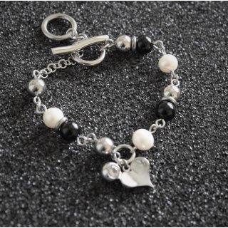 Edelstahl Armkette Herz+Perlen silber-schwarz-weiß
