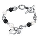 Edelstahl Armkette Herz+Perlen silber-schwarz-weiß